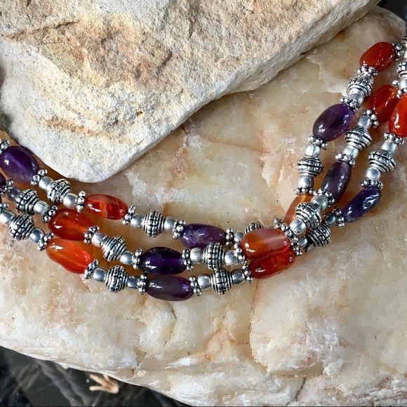 Amethyst and carnelian triple strand necklace NWT - Picture 1 of 6